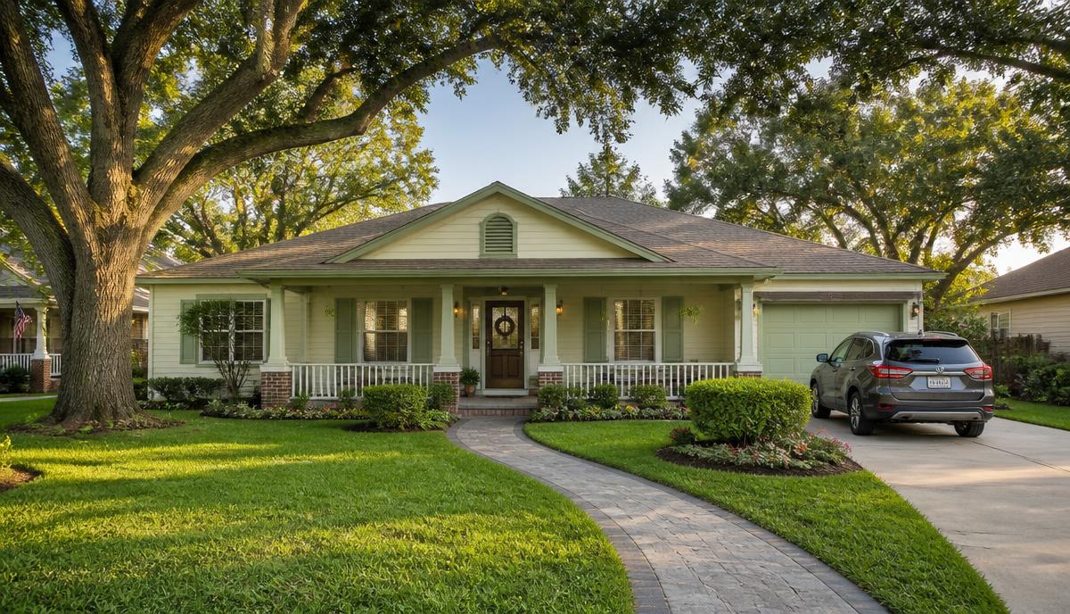Welcoming single-story home with a front porch and green lawn at The Better Half Living Homes
