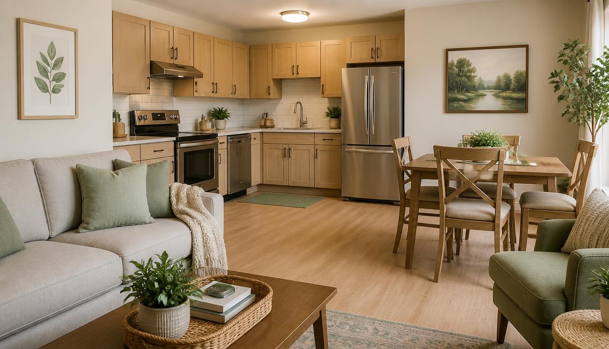 Bright shared kitchen and living area with modern appliances and cozy seating